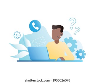 Man, operator, consultant works in call center at computer, advises clients by phone on all issues of interest. Vector consultant writes messages online on Internet using laptop. Support. FAQ.