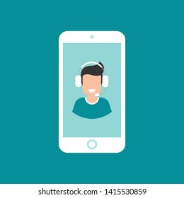 Man operator with headphones and microphone on smartphone's screen. flat vector illustration on blue background. Guy with headset on mobile. consulting, job online, internet. Call center. help line