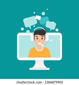 Man operator on computer screen with headphones and microphone. flat vector illustration on blue background. human with headset on laptop. consulting, job online, internet. Call center. help