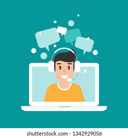 Man operator on laptop screen with headphones and microphone. flat vector illustration on blue background. human with headset on laptop. consulting, job online, internet. Call center. help