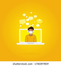 Man operator on laptop screen with headphones and microphone. flat vector illustration on yellow background. human with headset on laptop. consulting, job online, internet. Call center,help desk