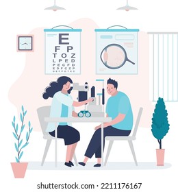 Man at ophthalmologist doctor appointment. Patient checks eyesight with optometrist. Clinic office room with various tools for vision test. Ophthalmology, eye examination. Flat vector illustration