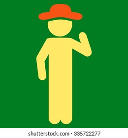 Man Opinion vector icon. Style is bicolor flat symbol, orange and yellow colors, rounded angles, green background.