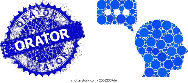 Man meint Vektormosaik von Kreispunkten in variabler Größe und blauen Farbtönen, und Gummi Orator Stempel-Dichtung. Die blaue runde, scharfe Rosette-Stempel-Dichtung enthält Orator-Beschriftung im Inneren.