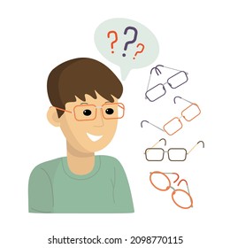 The man in the optics salon. The guy ponders the choice of glasses, with a happy expression. Choice of glasses on his face to improve his vision. Collection. Vector illustration.