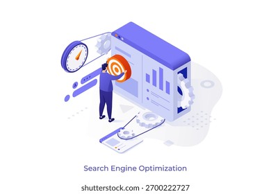 Man otimizando o conteúdo da Web para o mecanismo de pesquisa para melhorar a classificação. Estratégia de SEO para promoção de sites usando ilustração vetorial isométrica.