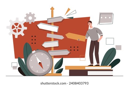 Man with options right choice concept. Young guy near roadsigns and arrows. Navigation and direction. Person choose lifeline. Strategy and planning, vision of future. Cartoon flat vector illustration