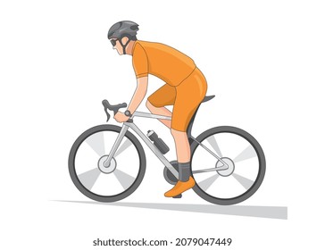 Man in orange cycling clothes riding from side view