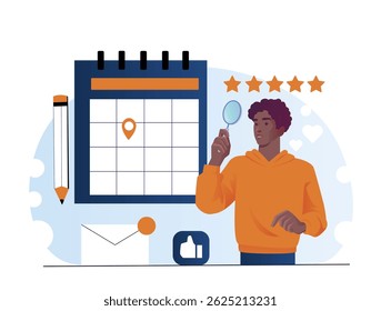 Um homem de capuz laranja examinando um calendário com uma lupa ao lado de um lápis, envelope e estrelas de classificação no fundo azul claro. Conceito de planejamento. Ilustração vetorial