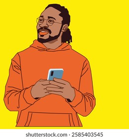 Man in an orange hoodie holding his cell phone casually.