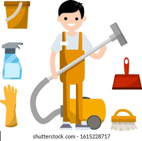 Man in orange jumpsuit stand with vacuum hose to clean house from dust and dirt. Set of object - Glove, bucket, brush, dustpan, detergent. Technical service worker - cartoon flat illustration