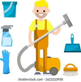 Man in orange jumpsuit stand with vacuum hose to clean house from dust and dirt. Technical service worker - cartoon flat illustration. Set of object - Glove, bucket, brush, dustpan, detergent