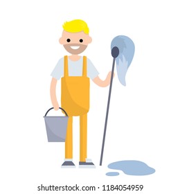 A man in an orange jumpsuit stands with a bucket of water and a wet MOP. Cleaning the floor from dirt and dust. Technical service worker. Blue puddle on the ground
