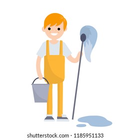 A man in an orange jumpsuit stands with a bucket of water and a wet MOP. Cleaning the floor from dirt and dust. Technical service worker. Blue puddle on the ground
