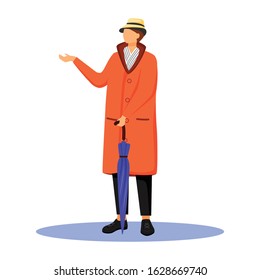 Man in orange raincoat flat color vector faceless character. Standing caucasian guy in hat, scarf. Rainy weather. Autumn wet day. Male with umbrella isolated cartoon illustration on white background