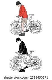 Man in orange shirt riding a bicycle. Movement and speed. Hand drawn color illustration.