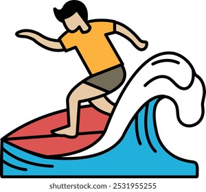 Um homem de camisa laranja está surfando numa onda. Conceito de excitação e aventura, como o surfista está andando na onda com habilidade e confiança