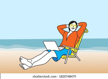 A man in orange shirt is working with a laptop on the beach with work from anywhere policy during pandemic outbreak of Corona virus or Covid-19. New Normal lifestyle.