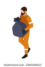 Mann im orangefarbenen Anzug, der einen großen Müllsack trägt, Arbeitskonzept. Vektorillustration isoliert auf weißem Hintergrund