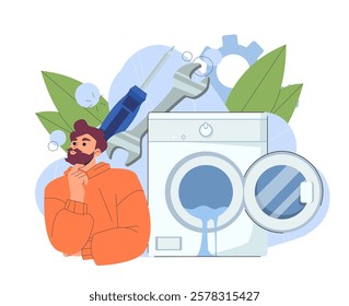 Man in orange sweater pondering next to a leaking washing machine. Background shows tools, green leaves, and gear elements. Concept of appliance repair. Vector illustration