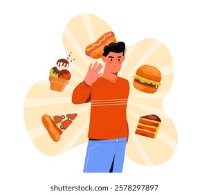 Man in orange sweater raising hand to refuse junk food like pizza, burger, and ice cream. Bright background with yellow rays. Healthy lifestyle concept. Vector illustration