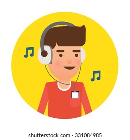 A Man in Orange T-Shirt is Listening Using Headphones
