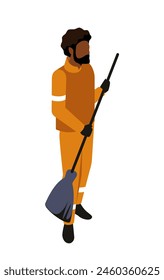 Man in orange uniform holding broom, isolated on a white background, concept of cleaning service. Vector illustration isolated on white background