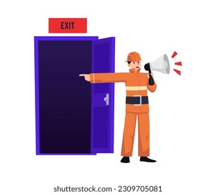 Man in orange uniform with loudspeaker points to exit flat style, vector illustration isolated on white background. Evacuation, decorative design element, fireman character, safety