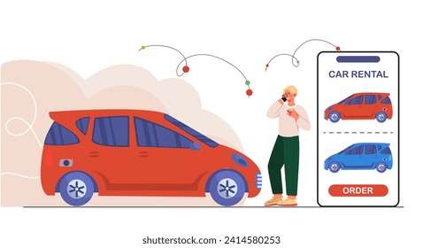 Man order car concept. Customer and buyer choose automobile. Young guy with smartphone ask to change color of vehicle. Client in auto shop rent car. Cartoon flat vector illustration