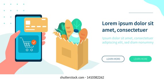 Man order online in internet supermarket. Shopping bag with fresh grocery purchases. Food retail and online store concept. Flat isometric vector illustration isolated on white background.