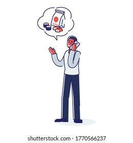 Man order sushi calling in food delivery service. Online japanese restaurant food delivery concept. Fast food deliver and transportation. Cartoon linear vector illustration