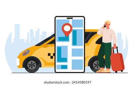 Man order taxi concept. Young guy with smartphone near yellow automobile. Trip and travel. Tourist and traveller with mobile application. Cartoon flat vector illustration isolated on white background