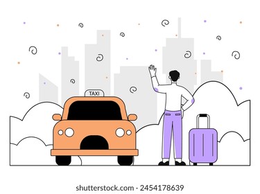 Man order taxi simple. Guy near yellow car and automobile. Urban infrastructure. Tourist and traveler with trip. Holiday and vacation. Doodle flat vector illustration isolated on white background