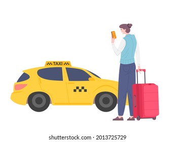 Man order taxi through app. Tourists man with luggage waiting for a taxi. Flat vector illustration.