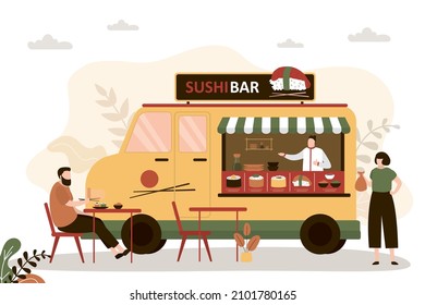 Man ordered sushi set at street diner. Chef in food truck preparing various asian dishes. Girl makes take-out order in sushi bar. Small business. Buying traditional Japanese meal. Vector illustration