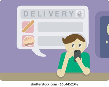 A man ordering bread and cake online from his mobil device.