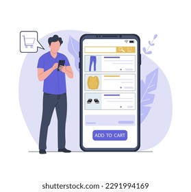 Man ordering clothes in online store via smartphone. Vector illustration.
