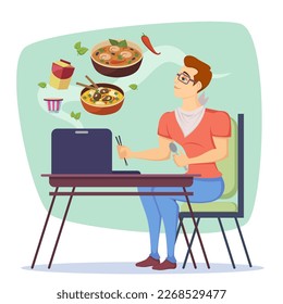 Man ordering food online vector illustration. Cartoon male character waiting with fork and chopsticks, soup bowls flying from computer. Online shopping, technology, marketing concept