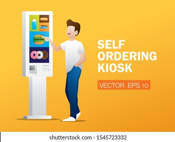 The man is ordering food from self ordering kiosk. Modern technology illustration vector.  