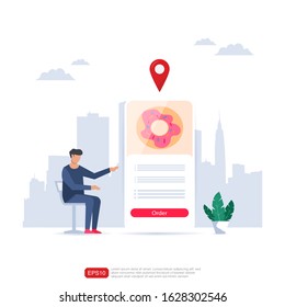 Man ordering food using online mobile application. Smartphone fast food online ordering. Flat style isolated vector illustration