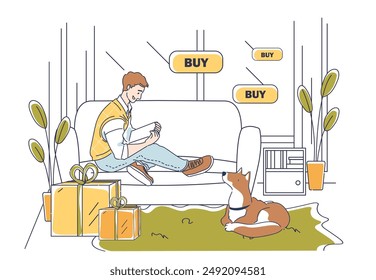 Man ordering goods. Young guy with tablet buys goods on Internet. Electronic commerce and marketing, home delivery. Cardboard boxes in home. Linear vector illustration isolated on white background