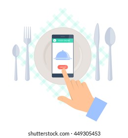 Man is ordering meal in restaurant by phone. Flat vector concept illustration of hand, kitchen utensils, smartphone with dish icon and order button. Food online delivery design and infographic element