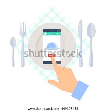 Man is ordering meal in restaurant by phone. Flat vector concept illustration of hand, kitchen utensils, smartphone with dish icon and order button. Food online delivery design and infographic element