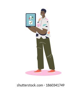 Man ordering medical drugs from drugstore online with digital tablet. Buy medicines in internet and pharmacy delivery service concept. Cartoon flat vector illustration