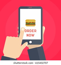 Man is ordering online burger by phone. Flat vector food delivery concept illustration. One hand holding smartphone, another touching a order button icon on a screen.