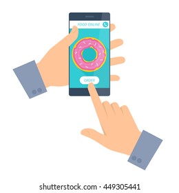 Man is ordering online donut by phone. Flat vector food delivery concept illustration. One hand holding smartphone, another touching a order button icon on a screen. Design and infographic elements.