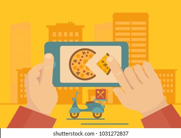 Man ordering online pizza delivery with mobile phone application vector illustration.