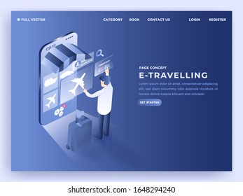 Man ordering online ticket via smartphone in travelling landing page business. 3D isometric vector illustration