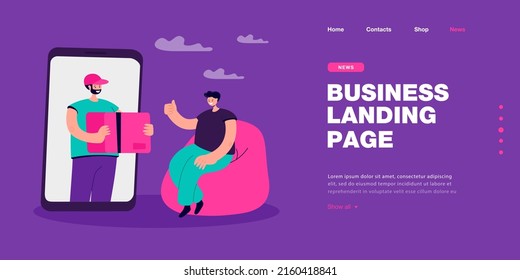 Man ordering parcel online via mobile phone. Tiny male courier delivering package box to home flat vector illustration. Fast delivery service concept for banner, website design or landing web page