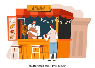 Man ordering shawarma at street food kiosk or stall. Seller and customer, eating fast food full of proteins. Doner or kebab, turkish cuisine, eastern meals and dishes menu. Vector in flat style